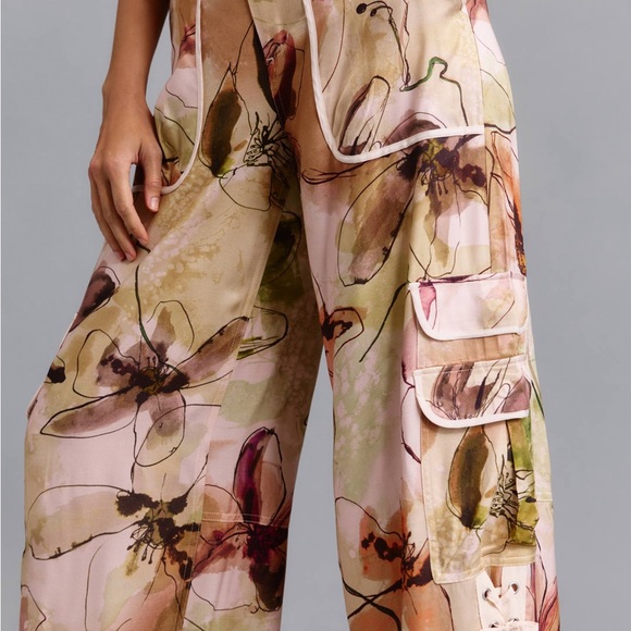 Anthropologie Floral Wide-Leg Pants in Cream and Brown - Picture 2 of 6